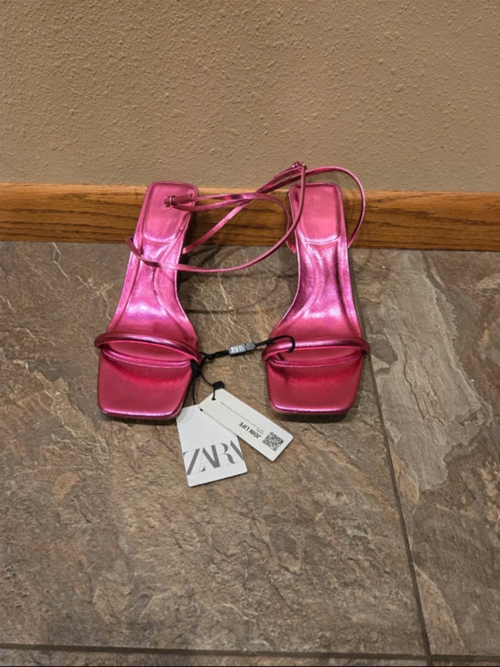ZARA Metallic Hot Pink Strappy Square-Toe Heels